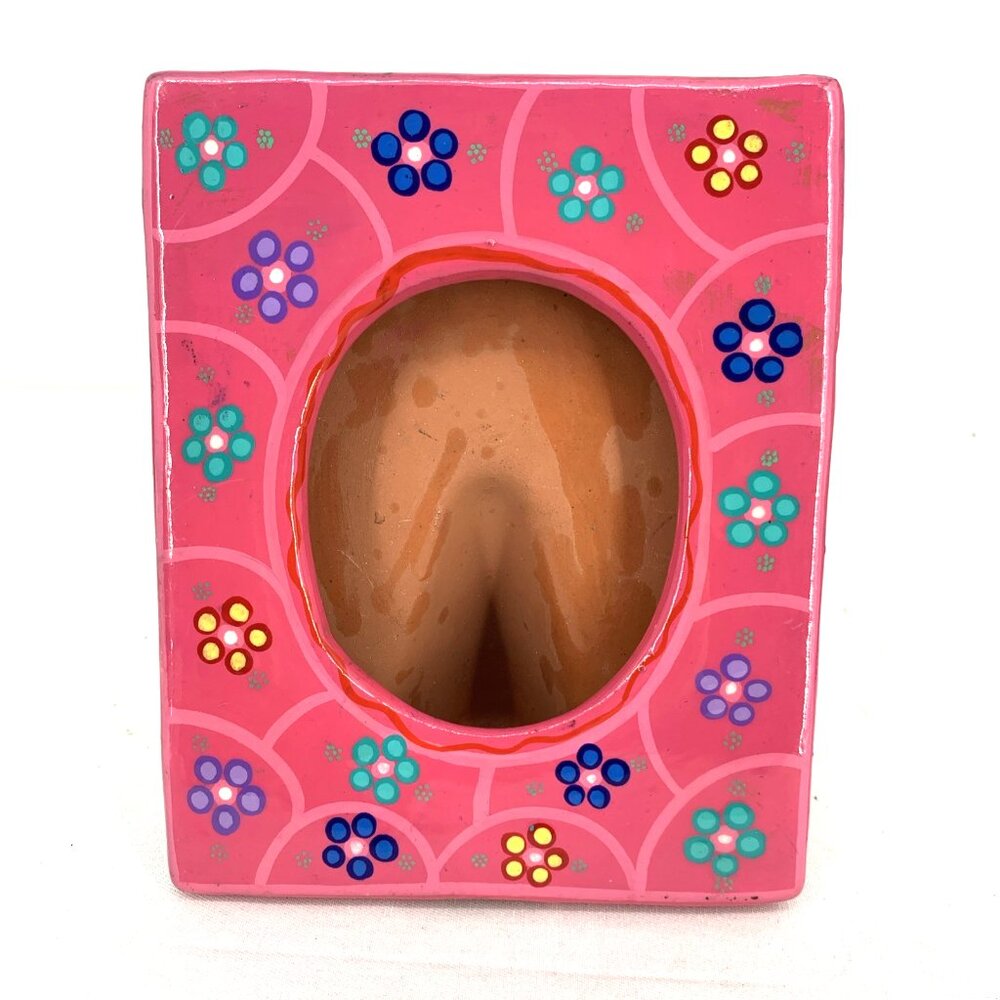 Mexican Terracotta Hand Painted Photo Frame Colorful Folk Art Ceramic 5 x 7